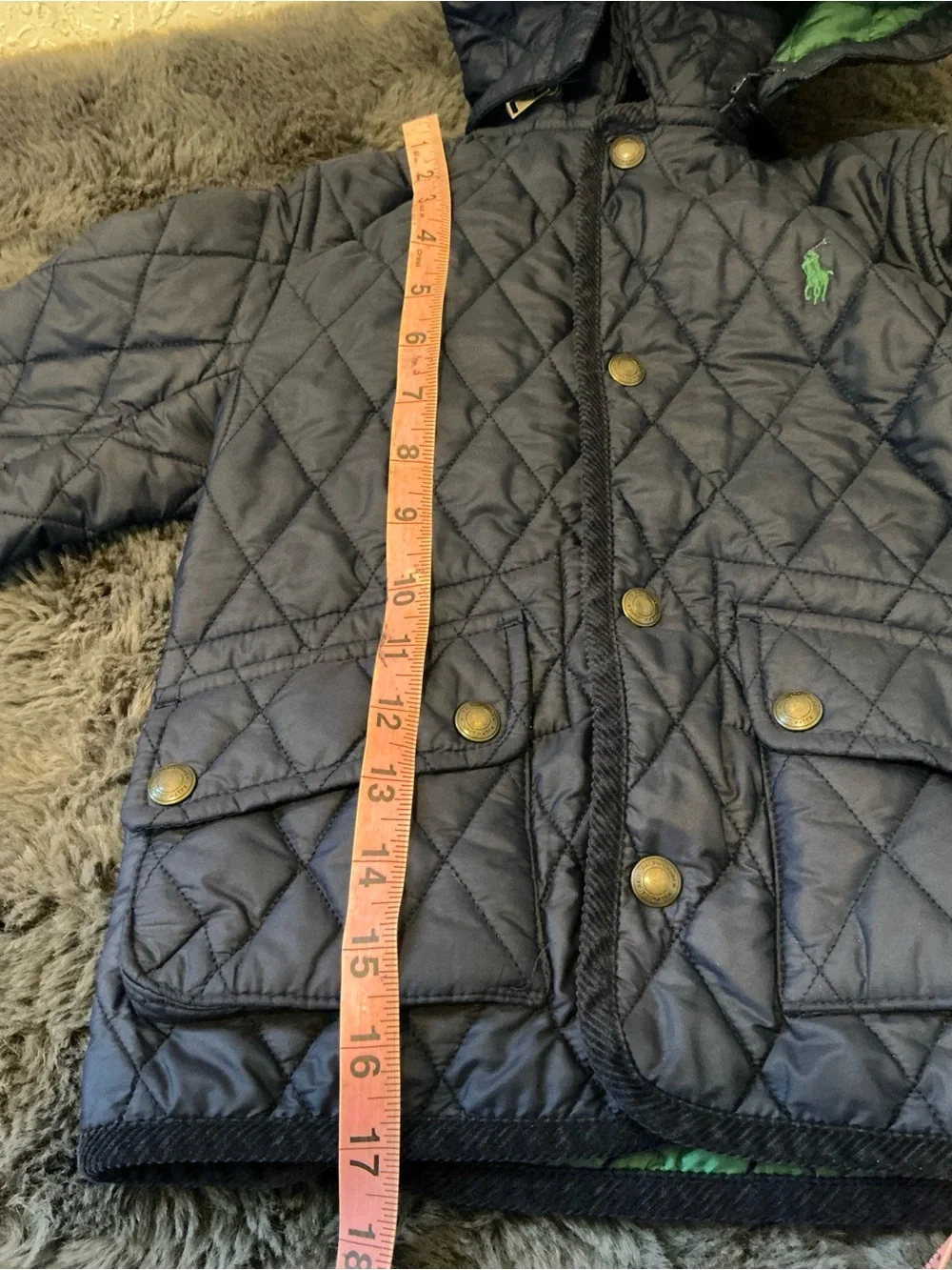 Ralph Lauren Navy Quilted Hooded Puffer with Green Lining